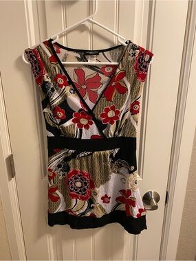 PerSeption Concept L Top Sleeveless Stretch Blouse Floral Shirt Large Lg Tie